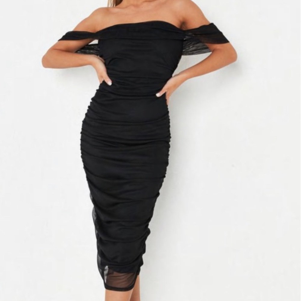 Black Mesh Off Shoulder Midi Dress